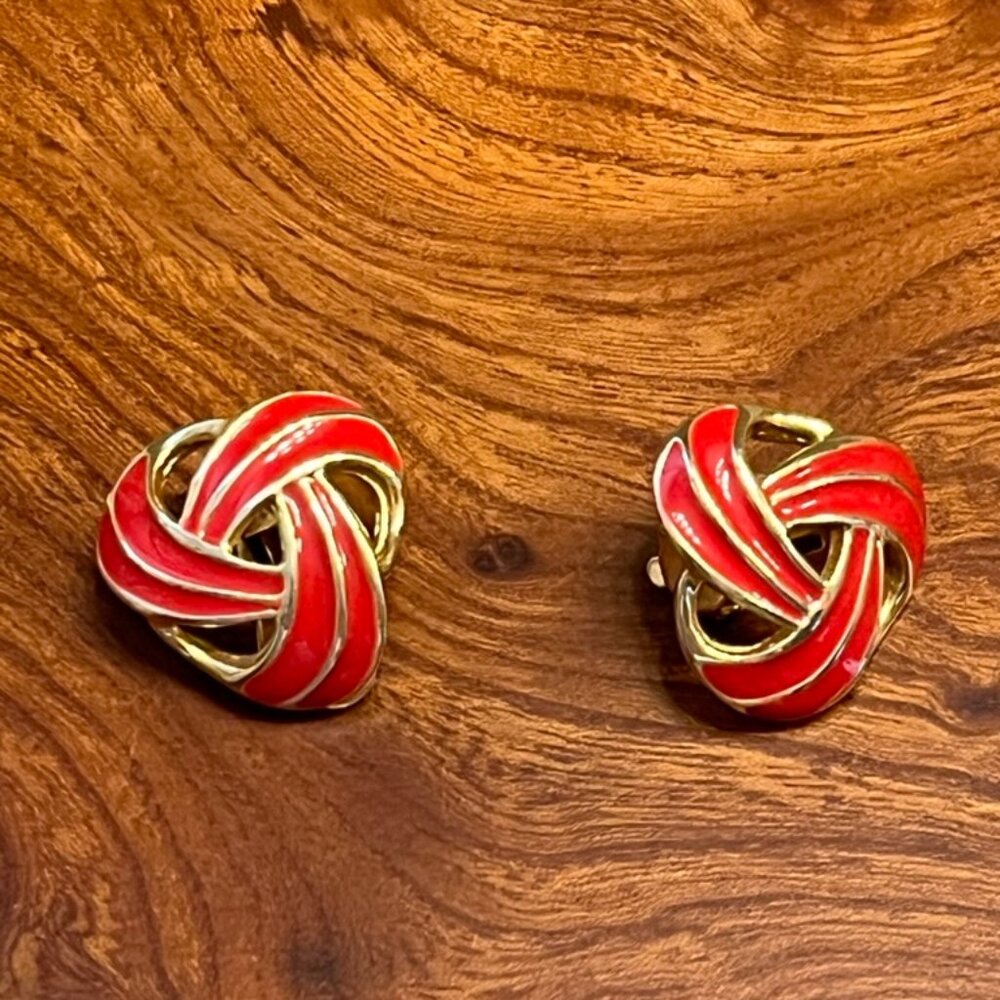 1980s Red Enamel Gold tone Clip Earrings